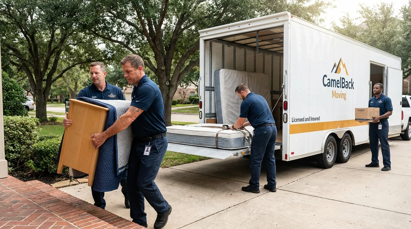Crew loading residential truck for cross-state move from Rogers, TX