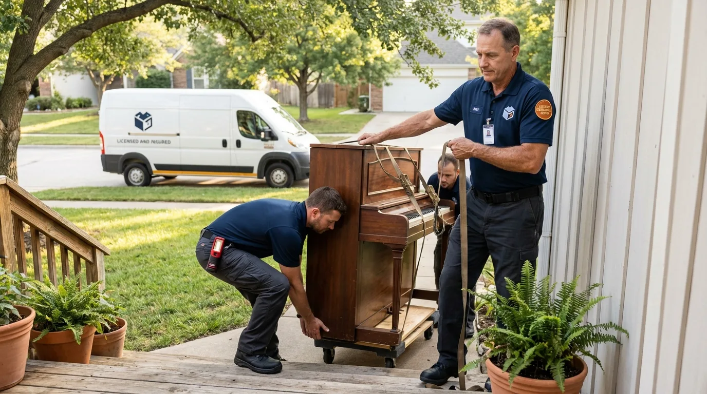 Licensed piano movers securing grand piano in Rogers, TX