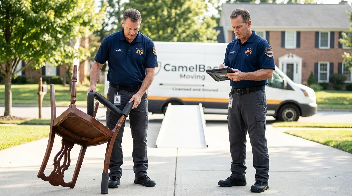 Movers inspecting furniture for damage prevention before loading in Rogers, TX
